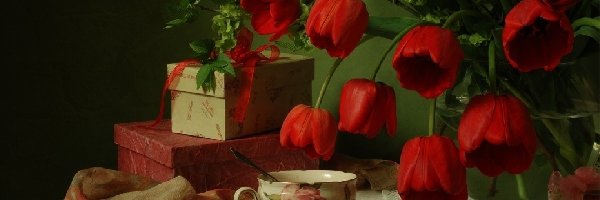 Tulipany, Prezent, Filiżanka, Czerwone
