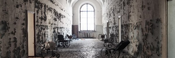 Zaniedbany, Szpital, Opuszczony, Korytarz, Wózki inwalidzkie
