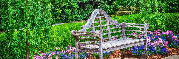 Park, Dallas Arboretum and Botanical Garden, Dallas, Stan Teksas, Stany Zjednoczone, HDR, Kwiaty, Ogród Botaniczny w Dallas, Ławka