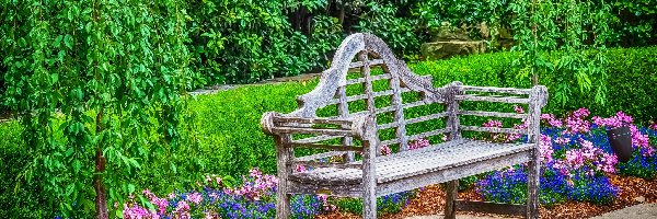 Park, Dallas Arboretum and Botanical Garden, Dallas, Stan Teksas, Stany Zjednoczone, HDR, Kwiaty, Ogród Botaniczny w Dallas, Ławka