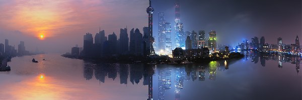 Wieża Oriental Pearl Tower, Wschód słońca, Szanghaj, Zmierzch, Chiny, Drapacze chmur, Odbicie, Rzeka Jangcy