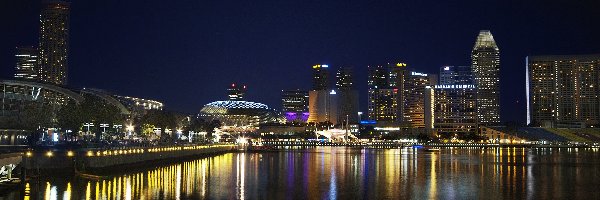 Nocą, Odbicie, Morze, Singapur