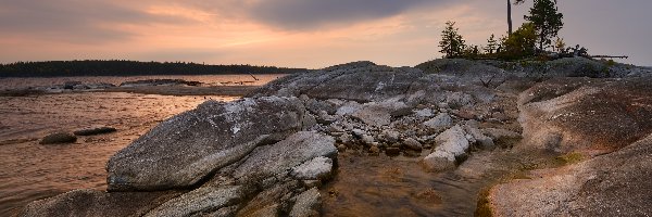 Rosja, Jezioro Siegoziero, Karelia, Drzewa, Skały