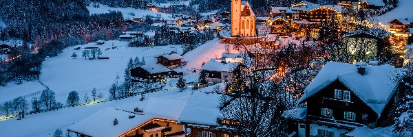 Światła, Zima, Park Narodowy Wysokich Taurów, Góry, Austria, Wysokie Taury, Kościół, Karyntia, Domy, Dolina, Gmina Heiligenblut am Grobglockner