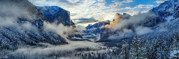 Zima, Dolina Yosemite Valley, Góry, Mgła, Park Narodowy Yosemite, Kalifornia