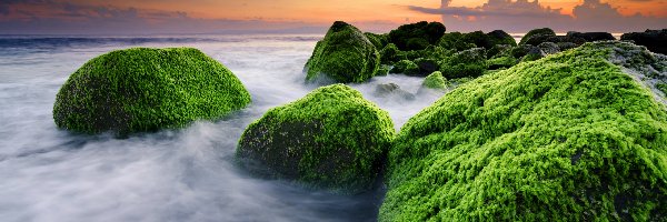 Wschód Słońca, Masceti Beach, Morze, Bali, Indonezja, Kamienie, Omszałe