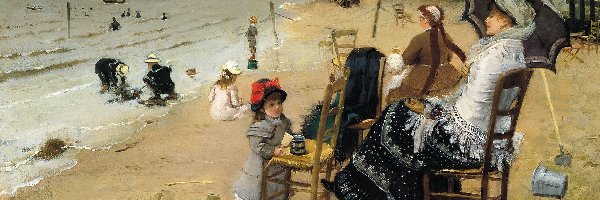 Morze, Obraz, Dzieci, Dziewczynka, Ernest Ange Duez, Plaża, Kobieta, Malarstwo