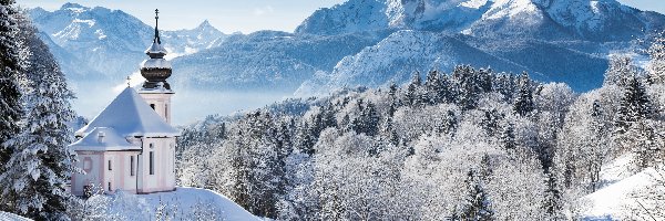 Berchtesgaden, Las, Kościół, Góry, Zima, Samochód, Droga