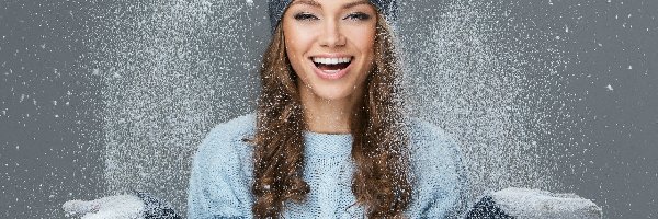 Uśmiechnięta, Modelka, Dziewczyna, Zima, Śnieg