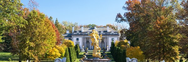 Jesień, Stan Delaware, Drzewa, Rzeźba, Muzeum Nemours Mansion and Gardens, Rezydencja Nemours, Fontanna, Stany Zjednoczone, Miasto Wilmington, Ogród