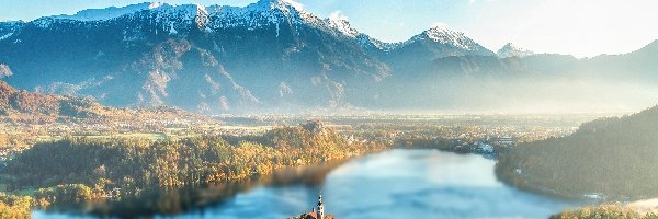 Góry, Wyspa, Kościół, Mgła, Jezioro Bled, Słowenia