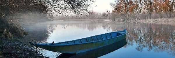 Rzeka, Las, Łódz, Jesień, Mgła