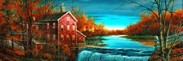 Malarstwo, Drzewa, Jesień, Terry Redlin, Rzeka, Młyn wodny