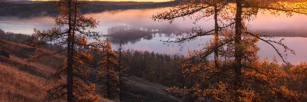 Mgła, Jezioro, Drzewa, Góry, Jesień, Chmury, Trawy