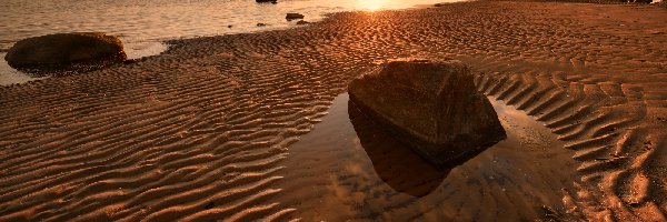 Morze, Plaża, Brzeg, Zachód słońca, Kamienie