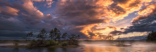 Chmury, Jezioro, Drzewa, Zachód słońca, Ringerike, Norwegia