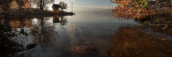 Szwajcaria, Jesień, Jezioro Zuryskie -Zürichsee, Altanka, Drzewa
