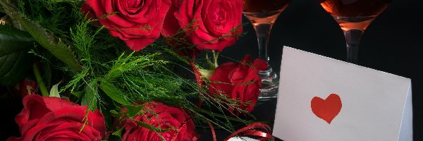 Walentynki, Róże, Miłosne, Wino, Kwiaty