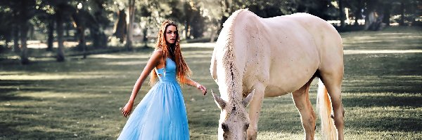 Kobieta, Sukienka, Niebieska, Koń, Biały