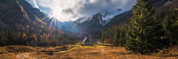Góry Alpy Julijskie, Triglavski Park Narodowy, Promienie słońca, Domy, Słowenia, Droga, Drzewa, Dolina Zadnja Trenta