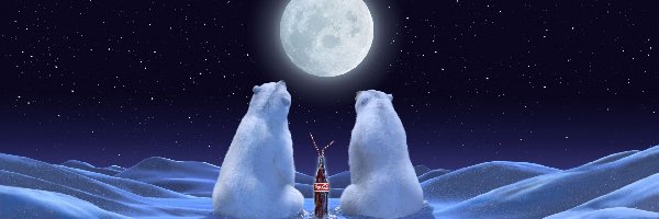 Polarne, Noc, Księżyc, Niedźwiedzie, Zima, Dwa, Gwiazdy, Zaspy, Coca-Cola