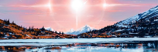 Wschód słońca, Jezioro, Góry, Paintography