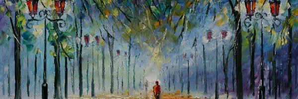 Malarstwo, Park, Leonid Afremov, Latarnie, Aleja