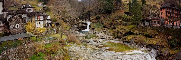 Domy, Rzeka Verzasca, Góry, Wodospad Rzeka, Dolina Valle Verzasca, Szwajcaria