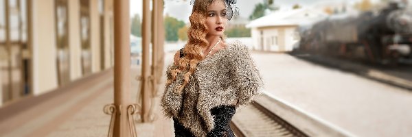 Stacja, Woalka, Etola, Blondynka, Kobieta, Peron, Walizka