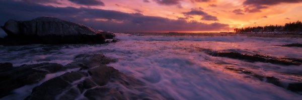 Zachód słońca, Ocean Atlantycki, Chmury, Skały, Stan Maine, Stany Zjednoczone