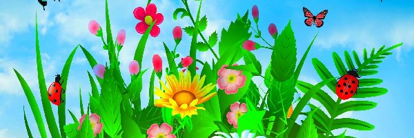 Kwiatki, Biedronki, Motyle, Grafika 2D