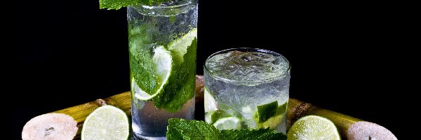 Mięta, Mojito, Tło, Ciemne, Szklanki, Limonka, Lód, Drink