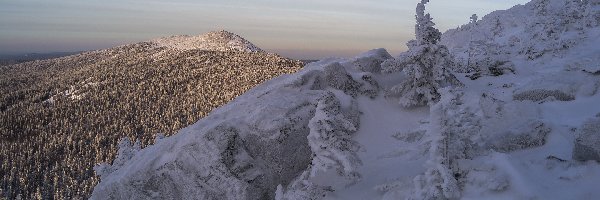 Drzewa, Kamienie, Rosja, Obwód czelabiński, Góra, Zima, Park Narodowy Taganaj, Wzgórze