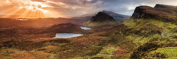 Chmury, Góry, Jezioro, Zachód słońca, Wyspa Skye, Szkocja