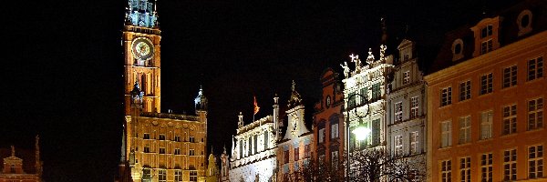 Fragment, Domy, Polska, Gdańsk, Ratusz, Miasta, Nocą, Długi Targ