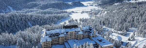 Góry, Suvretta House, Szwajcaria, Sankt Moritz, Zima, Lasy, Dolina Engadine, Hotel