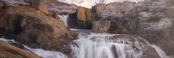 Kamienie, Skały, Rzeka, Szczyt Fitz Roy, Góry Andy, Argentyna, Patagonia, Wodospad, Park Narodowy Los Glaciares