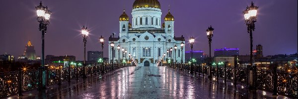 Latarnie , Moskwa, Most, Budynek, Nocą, Miasto