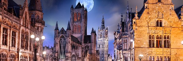 Gandawa, Zamek Gravensteen, Miasto nocą, Domy, Ulica, Muzeum broni i tortur, Zmierzch, Księżyc, Belgia
