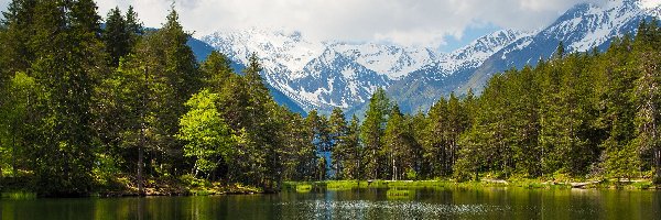 Góry, Las, Jezioro, Chmury