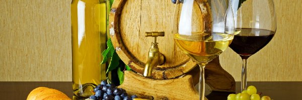 Baryłka, Kieliszki, Butelki, Winogrona, Wino