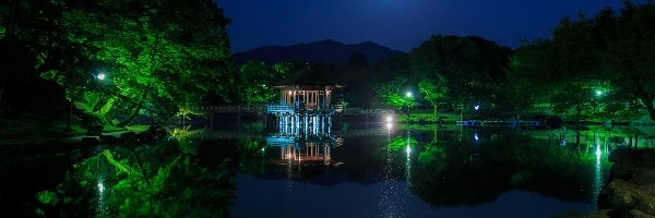Noc, Wyspa Honsiu, Odbicie, Księżyc, Nara Park, Altana Ukimido Pavilion, Staw, Japonia, Miasto Nara, Drzewa