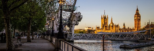 Pałac Westminsterski, Bulwar, Londyn, Rzeka Tamiza, Anglia, Big Ben, London Eye, Koło obserwacyjne