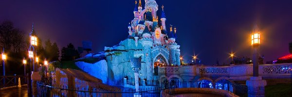 Zamek Śpiącej Królewny, Paryż, Francja, Noc, Disneyland, Sleeping Beauty Castle