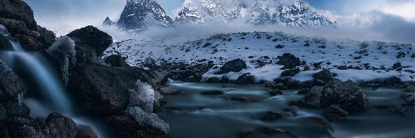 Kamienie, Szczyt Ama Dablam, Zima, Himalaje, Nepal, Rzeka, Góry