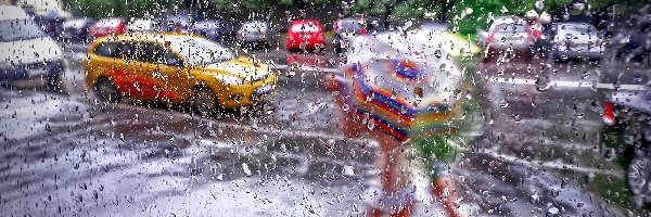 Deszcz, Ludzie, Miasto, Samochody, Parasole