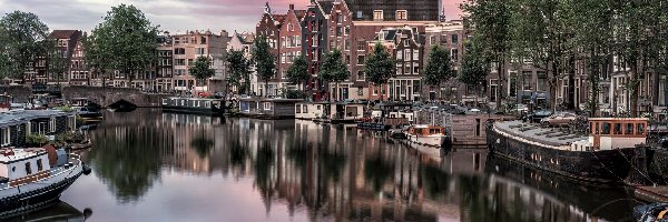Statki, Domy, Drzewa, Amsterdam, Holandia, Kanał, Rzeka