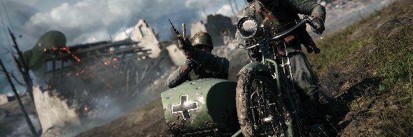 Gra, Motocykl, Battlefield 1, Żołnierze, Ruiny