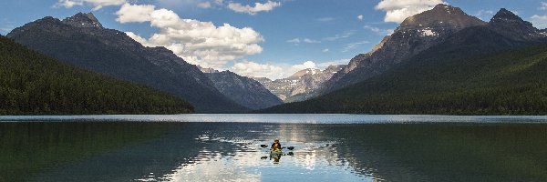 Chmury, Kajak, Góry, USA, Jezioro, Niebo, Odbicie