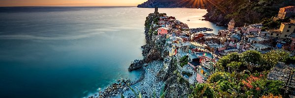 Wybrzeże, Włochy, Morze, Zachód Słońca, Liguria, Vernazza